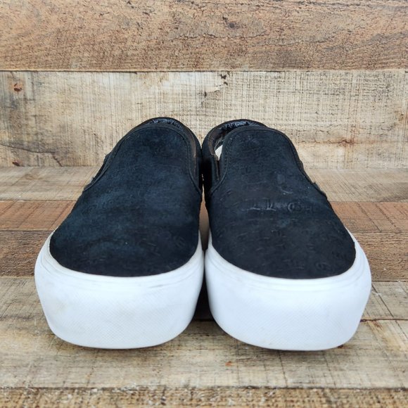 Vans Slip On Platform Women Sz 6 Suede Embossed Letters Casual Classic Black - Picture 2 of 10